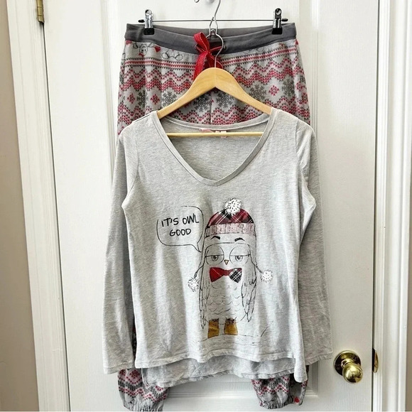 La Vie en Rose Pajama Set 2PC PJ Pants Long Sleeve PJ Top Grey Red Small - Picture 2 of 15